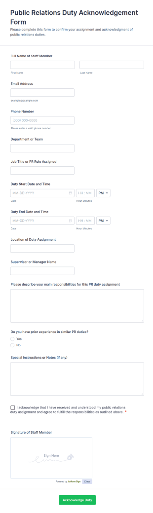 Public Relations Duty Acknowledgement Form Template