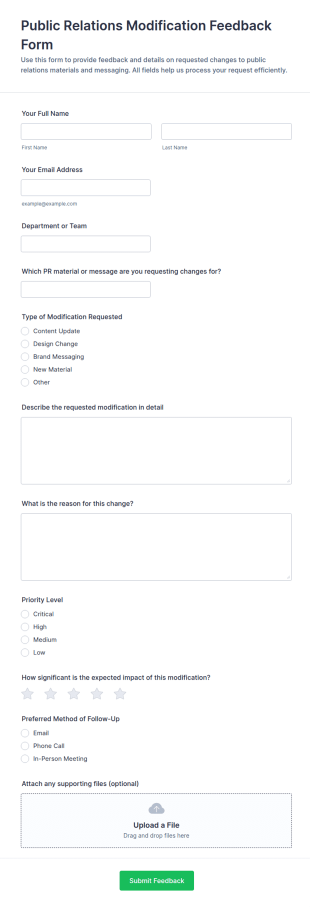 Public Relations Modification Feedback Form Template