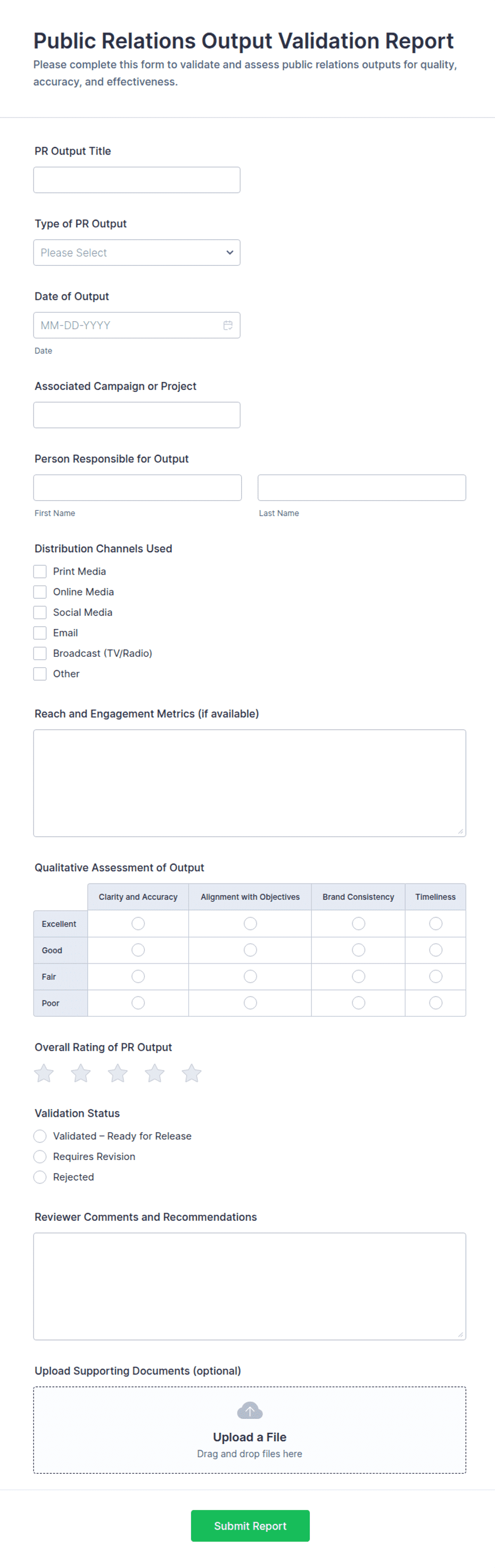 Public Relations Output Validation Report Form Template | Jotform