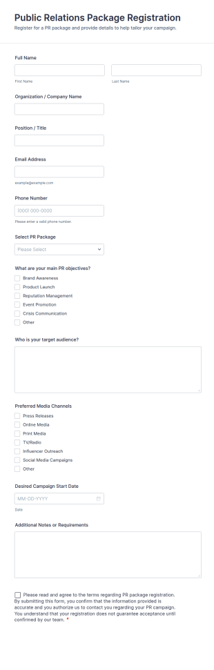 Public Relations Package Registration Form Template