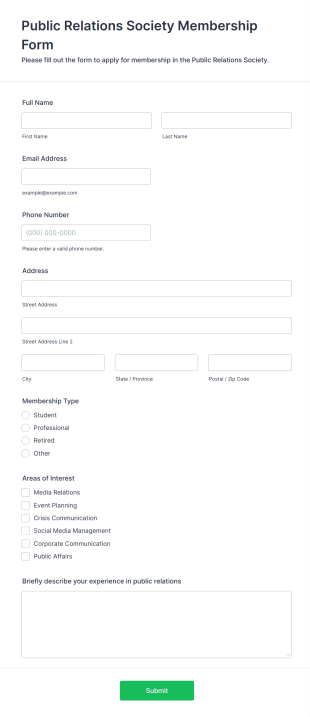 Public Relations Society Membership Form Template