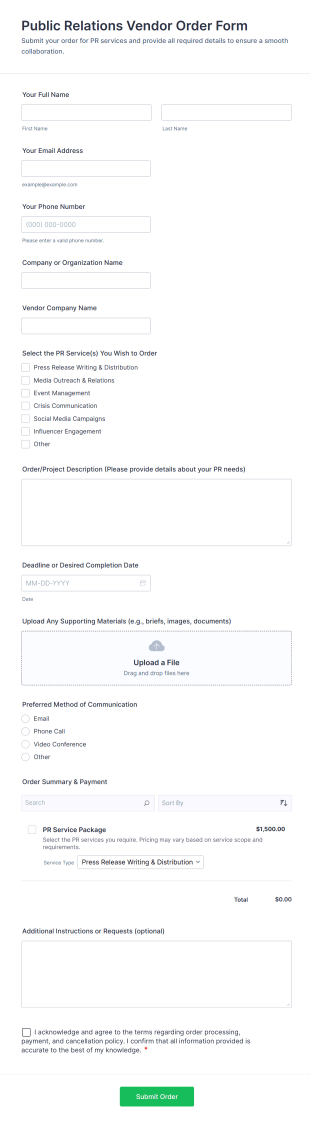 Public Relations Vendor Order Form Template