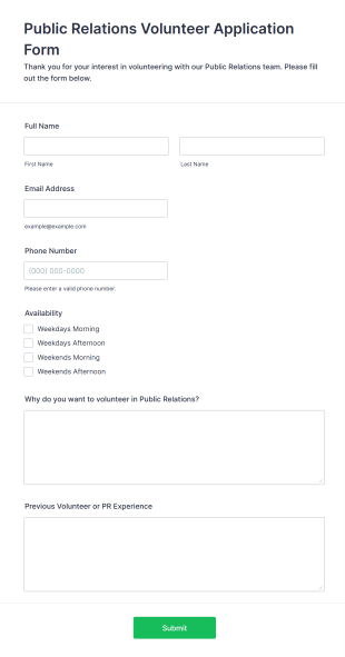 Public Relations Volunteer Application Form Template