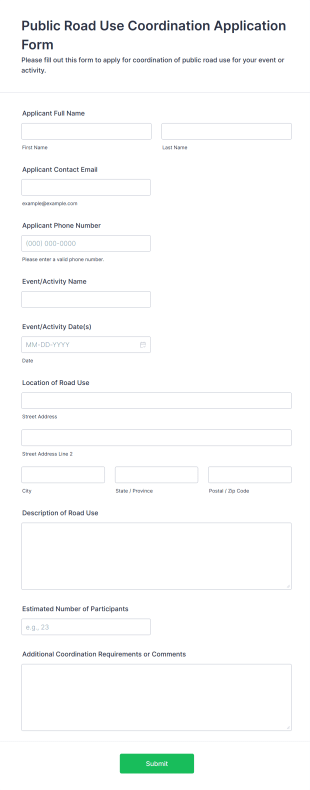 Public Road Use Coordination Application Form Form Template