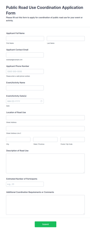 Public Road Use Coordination Application Form Template