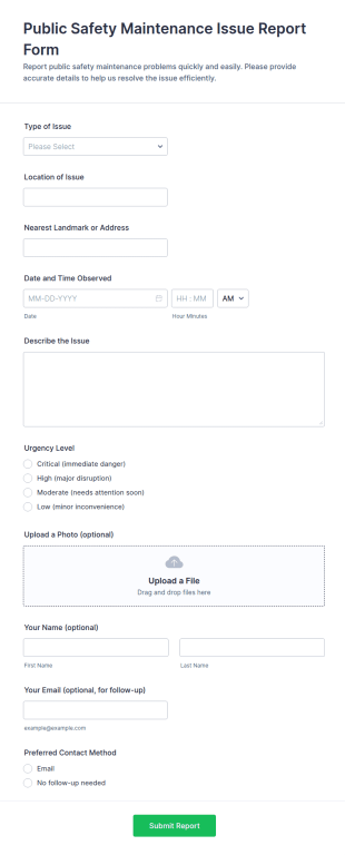 Public Safety Maintenance Issue Report Form Template