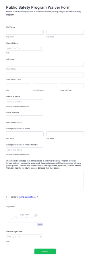 Public Safety Program Waiver Form Form Template
