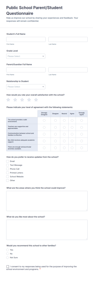 Public School Parent/Student Questionnaire Form Template