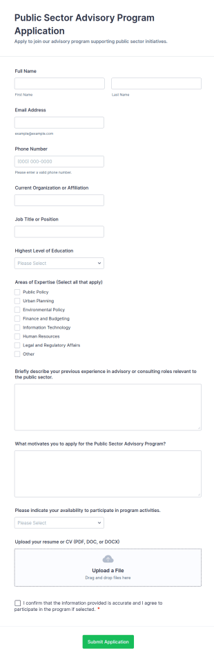 Public Sector Advisory Program Application Form Template