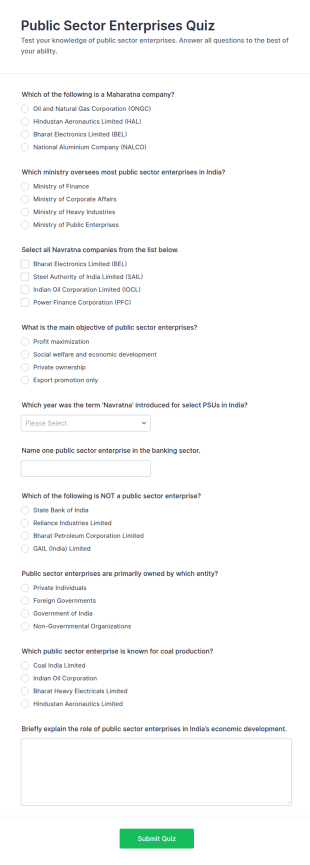 Public Sector Enterprises Quiz Form Template