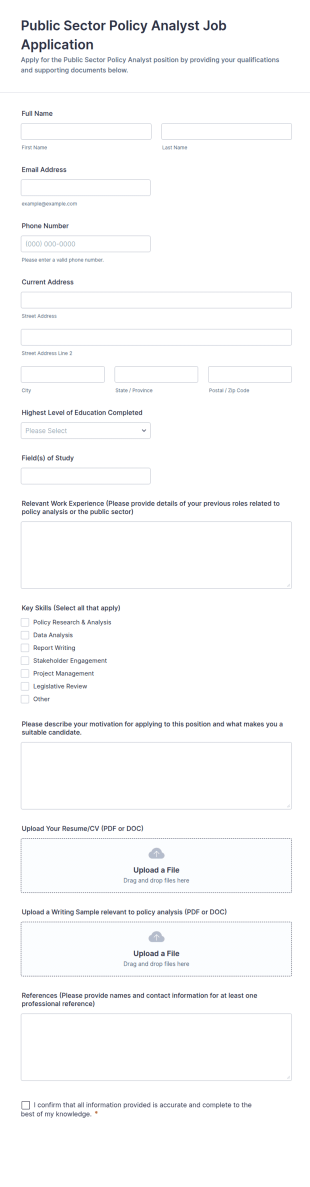 Public Sector Policy Analyst Job Application Form Template