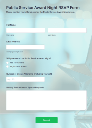 Public Service Award Night RSVP Form Template