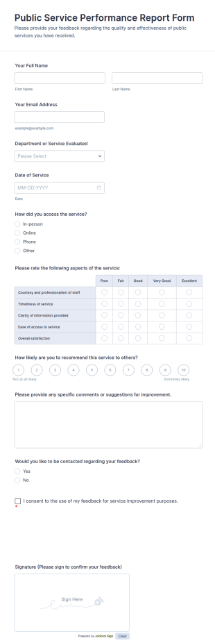 Public Service Performance Report Form Template