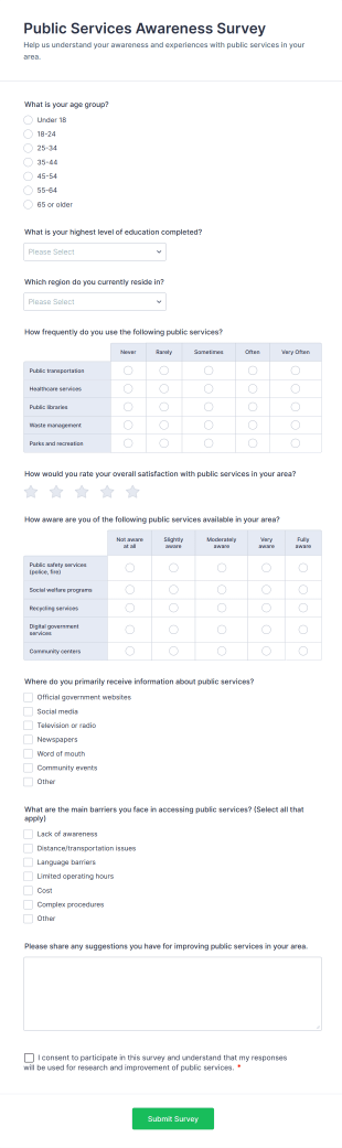 Public Services Awareness Survey Form Template