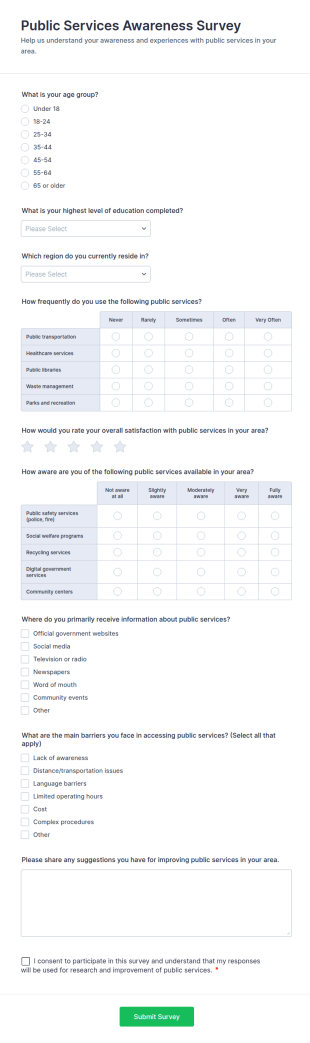 Public Services Awareness Survey Form Template