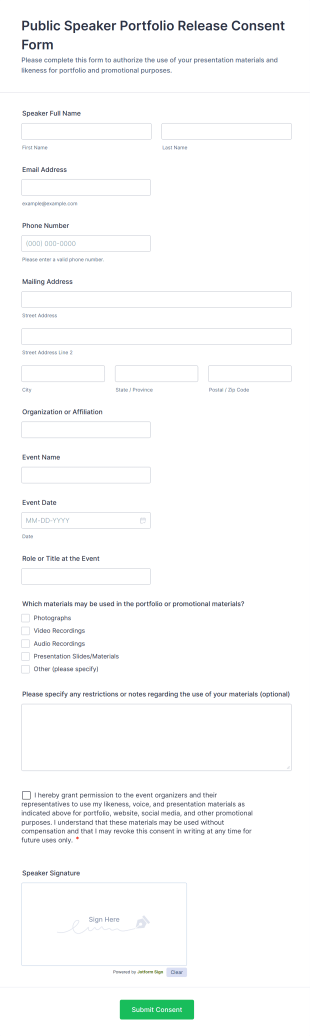 Public Speaker Portfolio Release Consent Form Template