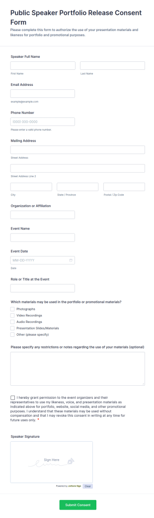 Public Speaker Portfolio Release Consent Form Template