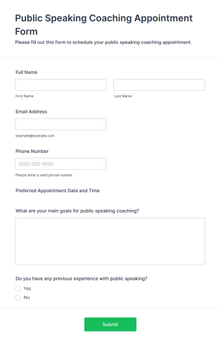 Public Speaking Coaching Appointment Form Template
