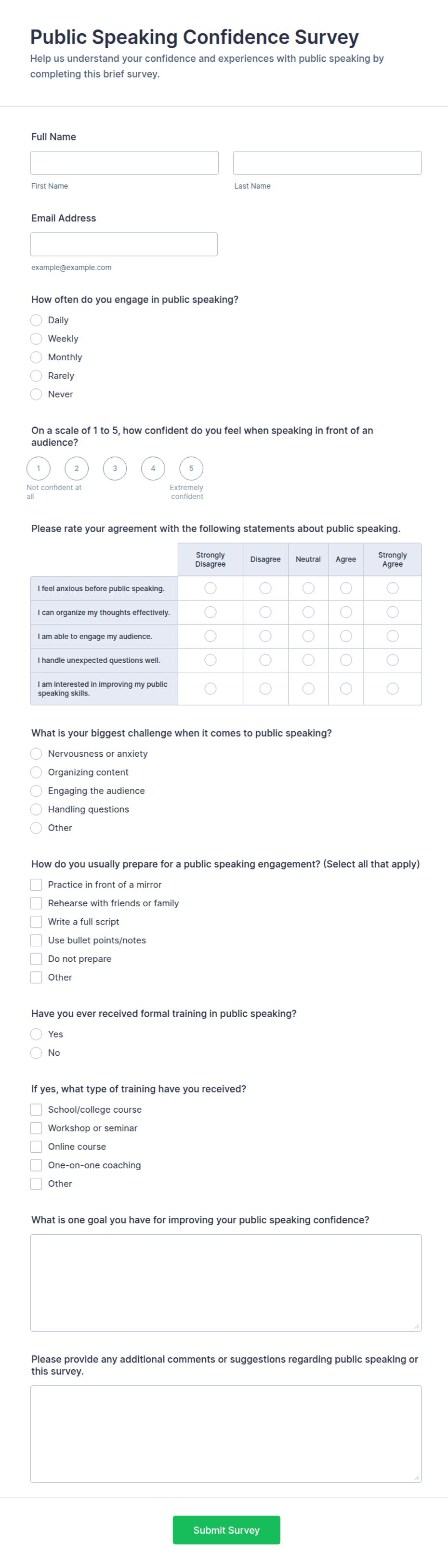 Public Speaking Confidence Survey Form Template | Jotform