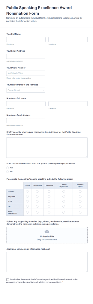 Public Speaking Excellence Award Nomination Form Template