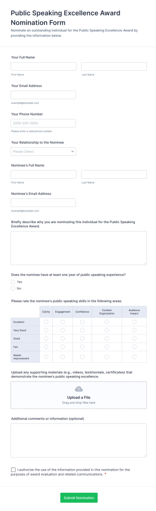 Public Speaking Excellence Award Nomination Form Form Template