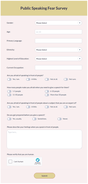 Public Speaking Fear Survey Form Template