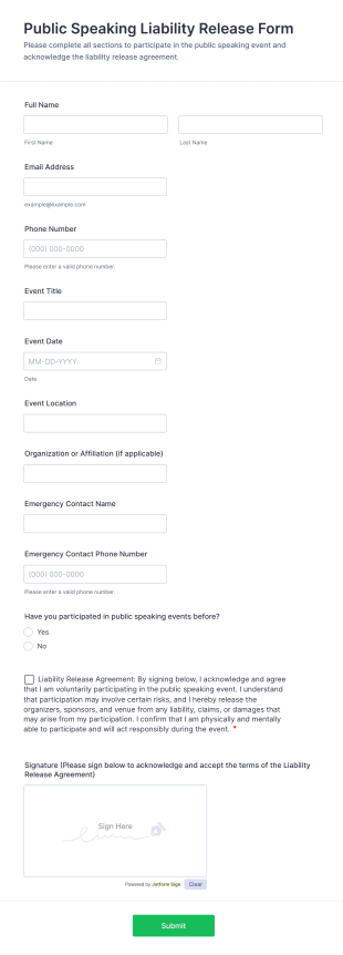 Public Speaking Liability Release Form Template