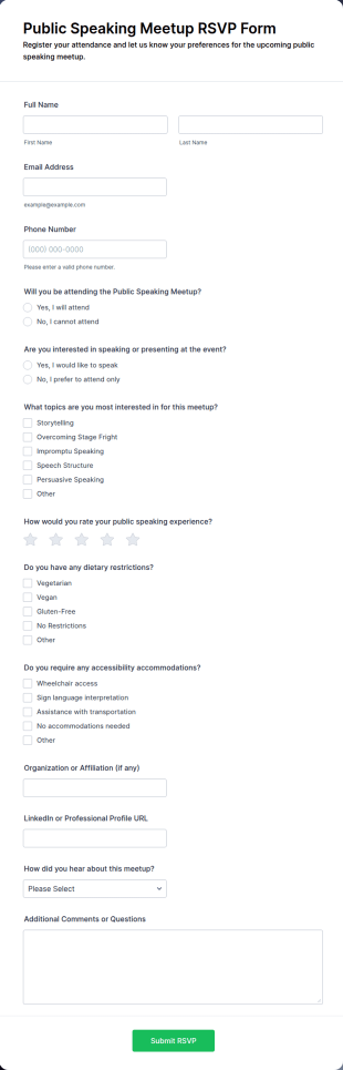 Public Speaking Meetup RSVP Form Template
