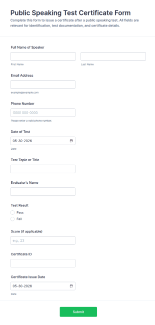 Public Speaking Test Certificate Form Template