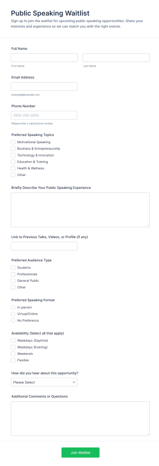 Public Speaking Waitlist Form Template