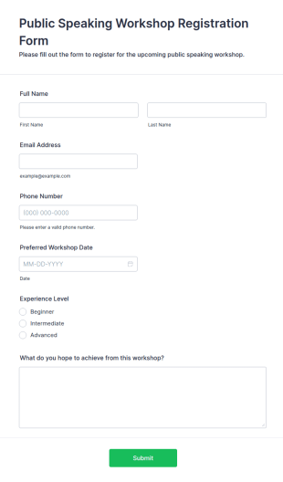 Public Speaking Workshop Registration Form Template