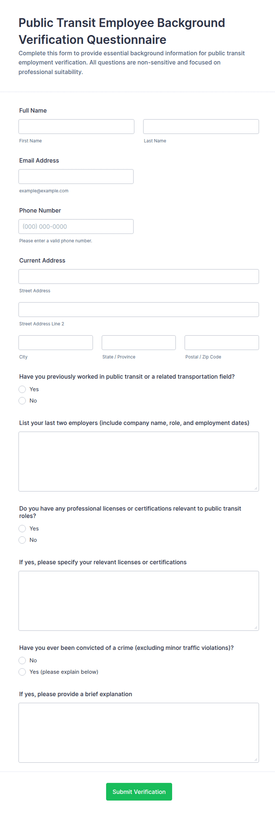 Public Transit Employee Background Verification Questionnaire Form ...
