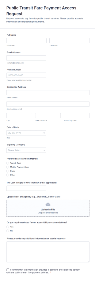 Public Transit Fare Payment Access Request Form Template