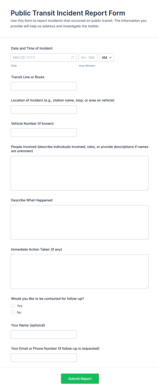Public Transit Incident Report Form Template