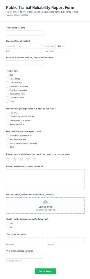 Public Transit Reliability Report Form Template