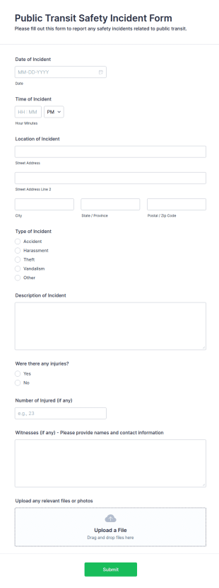 Public Transit Safety Incident Form Template