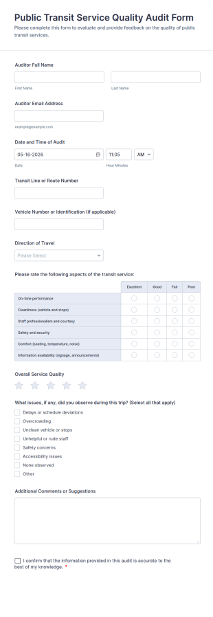 Public Transit Service Quality Audit Form Template