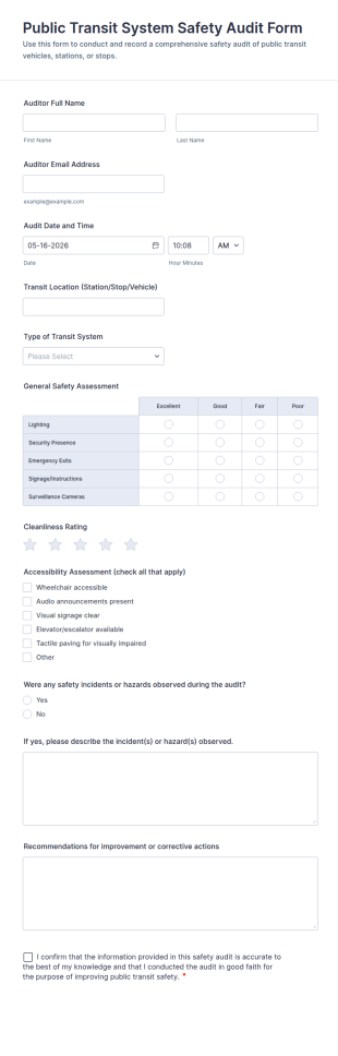 Public Transit System Safety Audit Form Template
