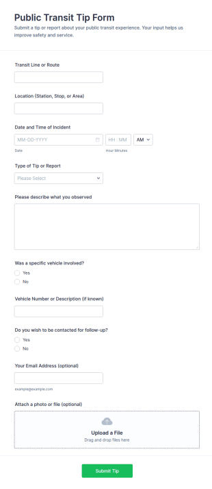 Public Transit Tip Form Template