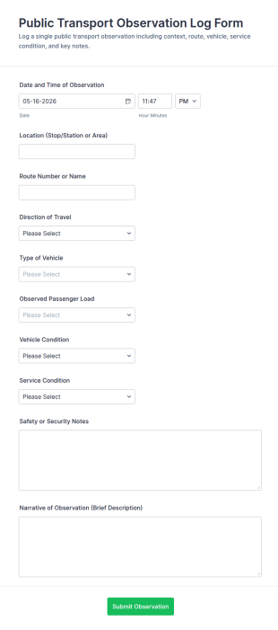 Public Transport Observation Log Form Template