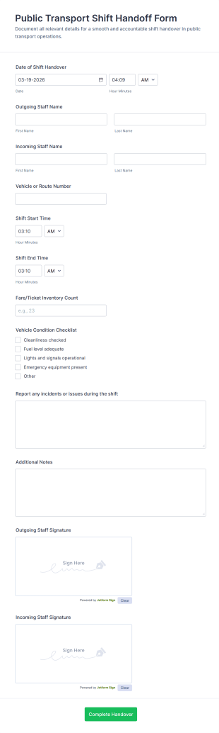 Public Transport Shift Handoff Form Template