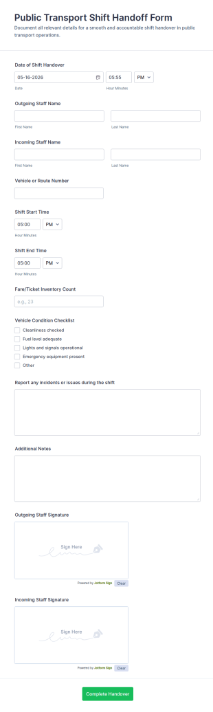 Public Transport Shift Handoff Form Template