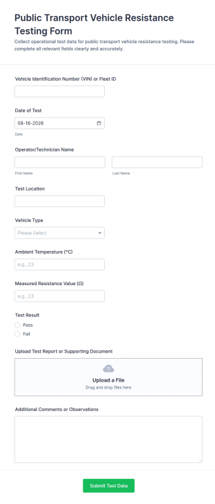 Public Transport Vehicle Resistance Testing Form Template