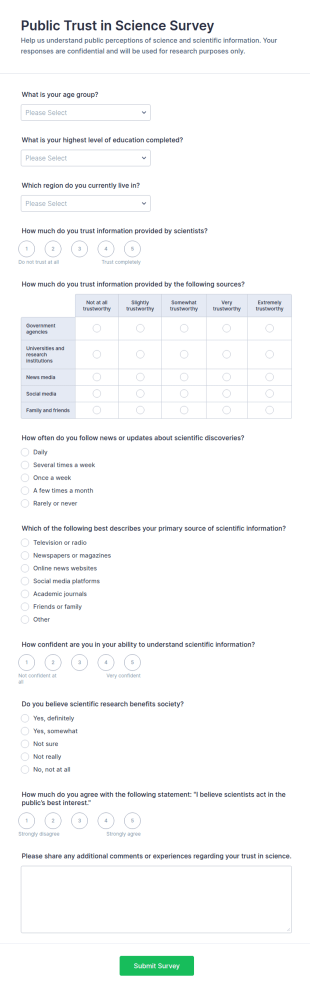 Public Trust In Science Survey Form Template