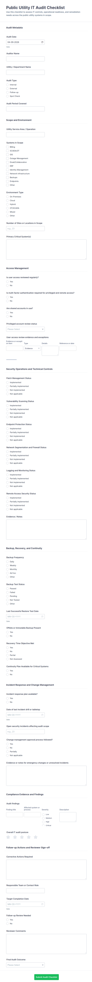 Public Utility IT Audit Checklist Form Template