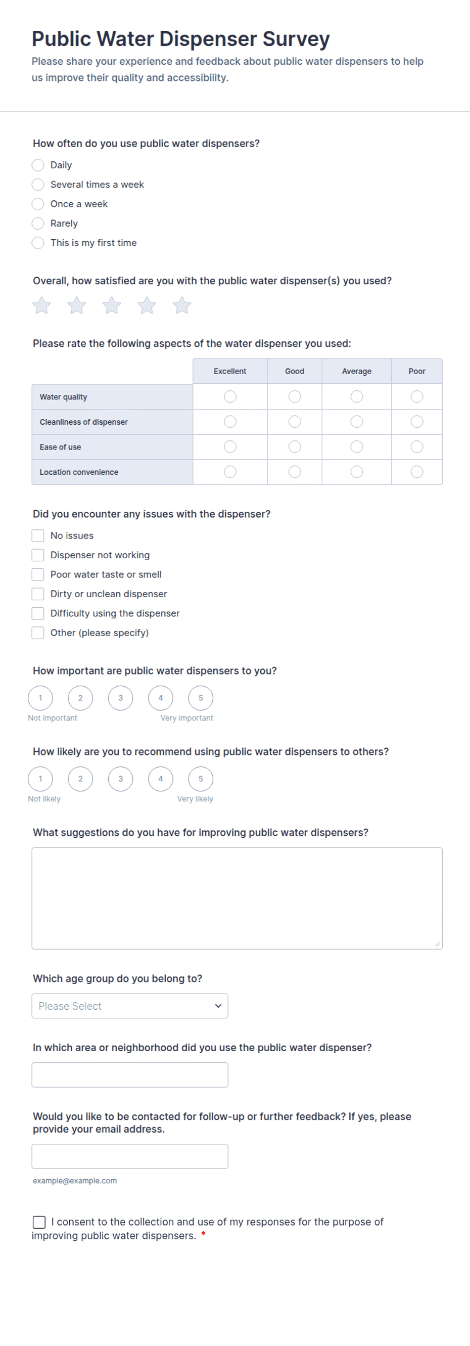 Public Water Dispenser Survey Form Template | Jotform