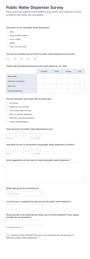 Public Water Dispenser Survey Form Template