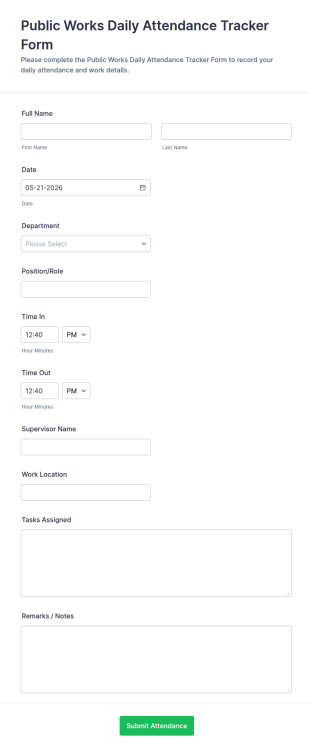 Public Works Daily Attendance Tracker Form Template