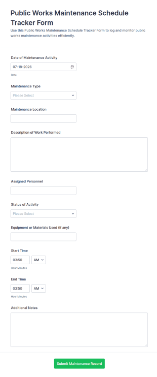 Public Works Maintenance Schedule Tracker Form Template