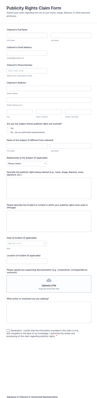 Publicity Rights Claim Form Template